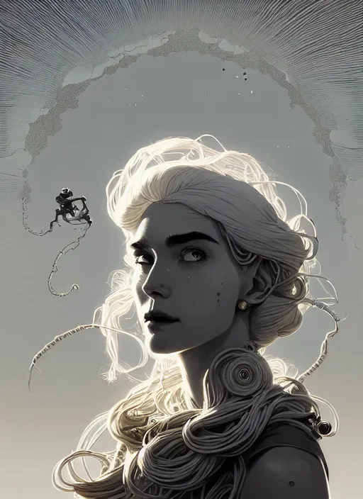 Image similar to highly detailed portrait of a cyborg long curly white hair god lady, stray wiring by atey ghailan, james gilleard, by joe fenton, by greg rutkowski, by greg tocchini, by kaethe butcher, 4 k resolution, gradient yellow, black and white color scheme!!! ( ( dystopian sandy desert background ) )