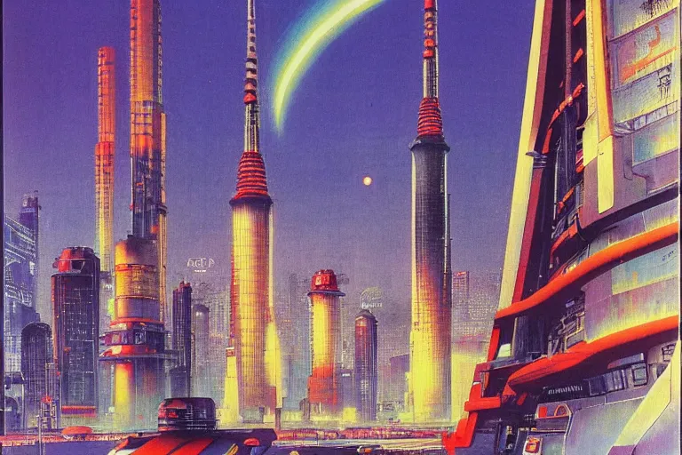 Image similar to 1979 OMNI Magazine Cover of the base of Tokyo tower in neo-Tokyo in cyberpunk style by Vincent Di Fate