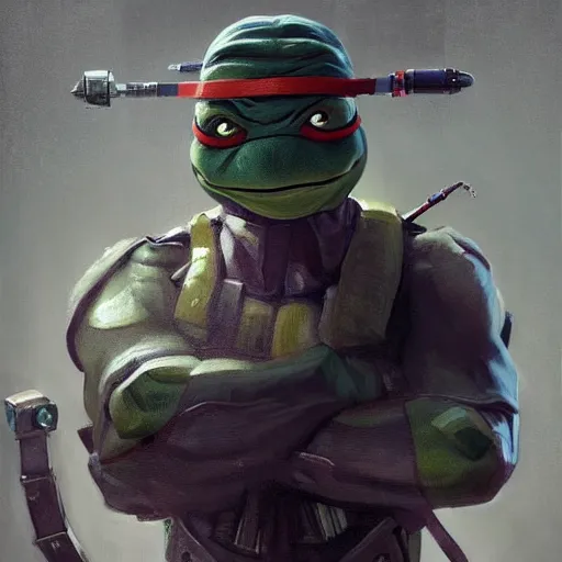 Image similar to portrait painting of a system administrator teenage mutant ninja turtle donatello, building computers, painted by greg rutkowski, dishonored 2