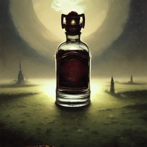 Image similar to A bottle of gin filled with tiny creatures, fullbody, artstation, fantasy, concept art, dark, moonlight, incredible, smooth, sharp focus, illustration, art by greg rutkowski and orientalism and bouguereau and Zdzislaw Beksinski, good clear quality, lighting, biology, symmetrical artwork, perfect face, 135 mm, cinematic, hyper realism, high detail, octane render, 8k, chrome accents