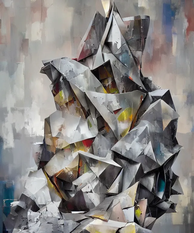 Prompt: acrylic and spraypaint portrait of origami architecture, frank gehry architecture, art nouveau, final fantasy vi, snes, classical sculpture, maximalism, large triangular shapes, painting by totem 2, ashley wood, jeremy mann, masterpiece