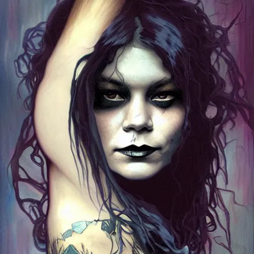 Image similar to beautiful portrait of vanessa hudgens as death from sandman, smiling, by cedric peyravernay, alphonse mucha, by jeremy mann, by lecouffe deharme, goth chic, soft lightning, eyeliner, punk rock, high detailed, 8 k