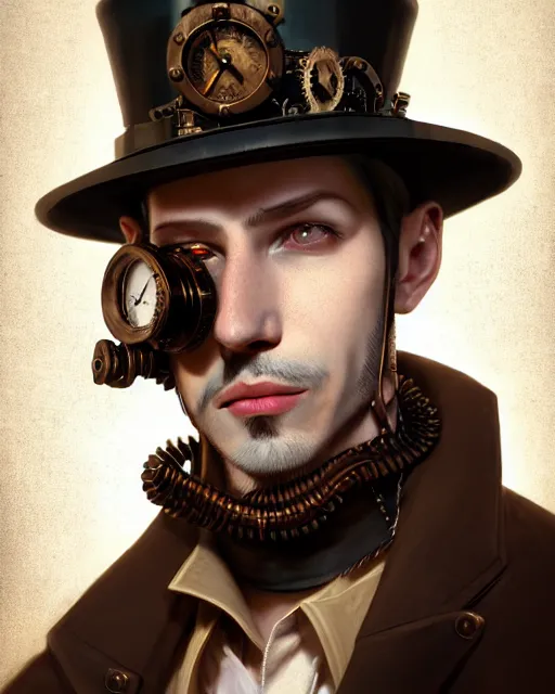 Image similar to steampunk male portrait, handsome, steampunk hat, detective coat, steampunk monocle, hyper realistic 3 d render by ilya kuvshinov, peter mohrbacher, greg rutkowski, ryohei hase, dramatic lighting, intricate, highly detailed, sharp focus, luminous, unreal engine, blender, artstation, masterpiece, ray tracing