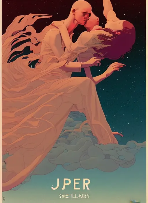 Image similar to poster artwork by michael whelan and tomer hanuka, a portrait of beautiful sensual dancing in the clouds of jupiter, clean