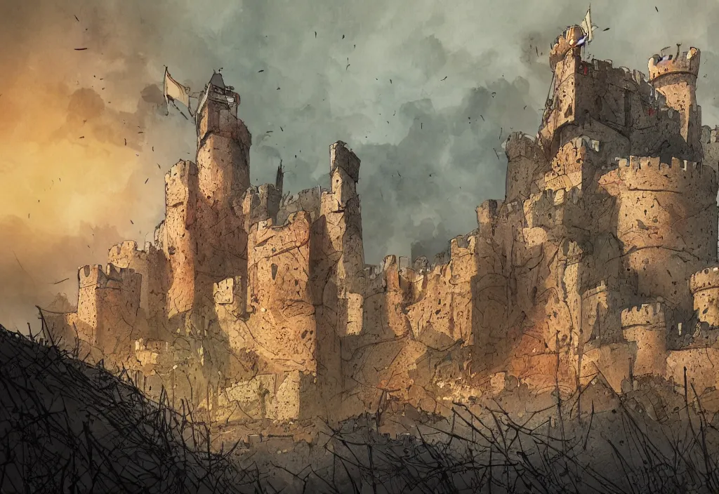 Prompt: handmade illustration of sieged small medieval castle, line art, ink, heavy brushstrokes, smoke and fire here and there, watercolor by Kilian Eng and by Jake Parker, winning-award masterpiece, fantastic, octane render, 8K HD Resolution, High quality image