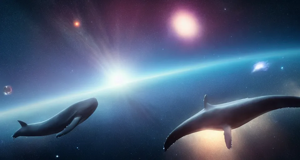 Prompt: high quality photo of big whale floating in dark beautiful space filled with stars, planets and galaxies, photorealism, 8k, rendered by unreal engine