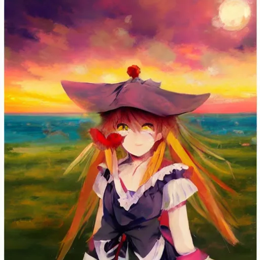 Image similar to Beautiful abstract portrait of Kirisame Marisa from the Touhou project at the beach at sunset, touhou project official artwork, danbooru, oil painting by Antoine Blanchard, sold at an auction, oil on canvas , wide strokes, pastel colors, soft lighting