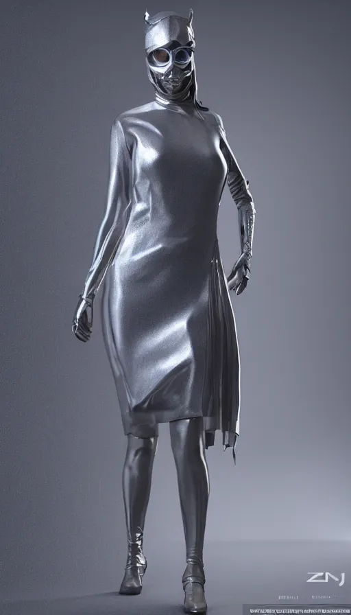 Image similar to a woman wearing a silver dress and a silver mask, cyberpunk art by zhou fang, cgsociety, computer art, daz 3 d, zbrush, rendered in maya