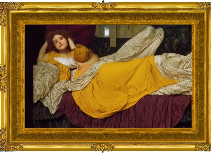 Image similar to portrait of lady reclining on bed wearing yellow ochre ornate medieval dress, framed, preraphaelite colour photography by frederic leighton, william morris, 8 k