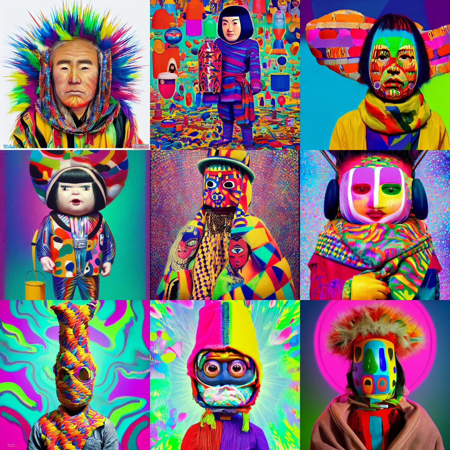 Prompt: a colorfull portrait of a Selk'nam with a Capirote, Plastic toy, art toy, by Hikari Shimoda , Al Feldstein , mark ryden, Yayoi Kusama, lisa frank , garbage pail kids, Award winning photo, iridiscense, Houdini algorithmic generative render, dramatic lighting, volumetric light, Accurate and detailed, sharp focus, octane render 8k, zoom out ,