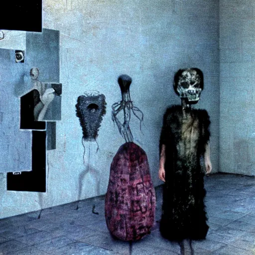 Image similar to 3 5 mm color photography, glitch, joel - peter witkin, beksinski, and stephen gammell, video still of apartment block