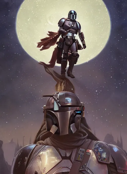 Prompt: the mandalorian surrounded by starlight, moon behind him, fantasy, intricate, elegant, hyper detailed, ultra definition, photoreal, artstation, unreal engine rendered, concept art, smooth, sharp focus, illustration, art by artgerm and greg rutkowski and alphonse mucha and garis edelweiss