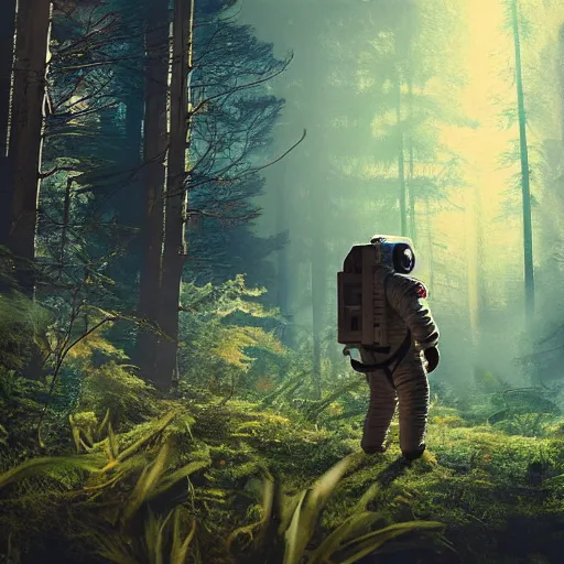 Image similar to american astronaut in the forest, plants environment, wide angle, cinematic lighting, atmospheric, realistic, octane render, highly detailed, in the style of craig mullins