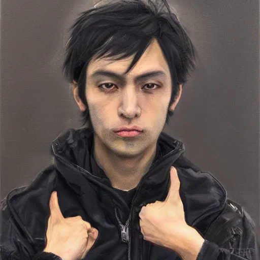 Image similar to portrait of a man by ayami kojima, he is about 3 0 years old, short black hair with bangs, his features are a mix between french, turkish and russian and he is wearing a beige and black utility jumpsuit, scifi, highly detailed portrait, digital painting, artstation, concept art, smooth, sharp foccus ilustration, artstation hq