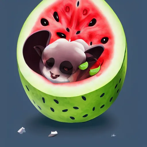 Prompt: cute kawaii realistic fruit bat eats a watermelon piece, digital art, high quality, illustration, art, detailed, 3 d render, sticker,