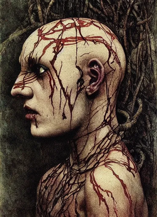 Prompt: bald barbarian girl in tribal painting by Beksinski and Arthur Rackham