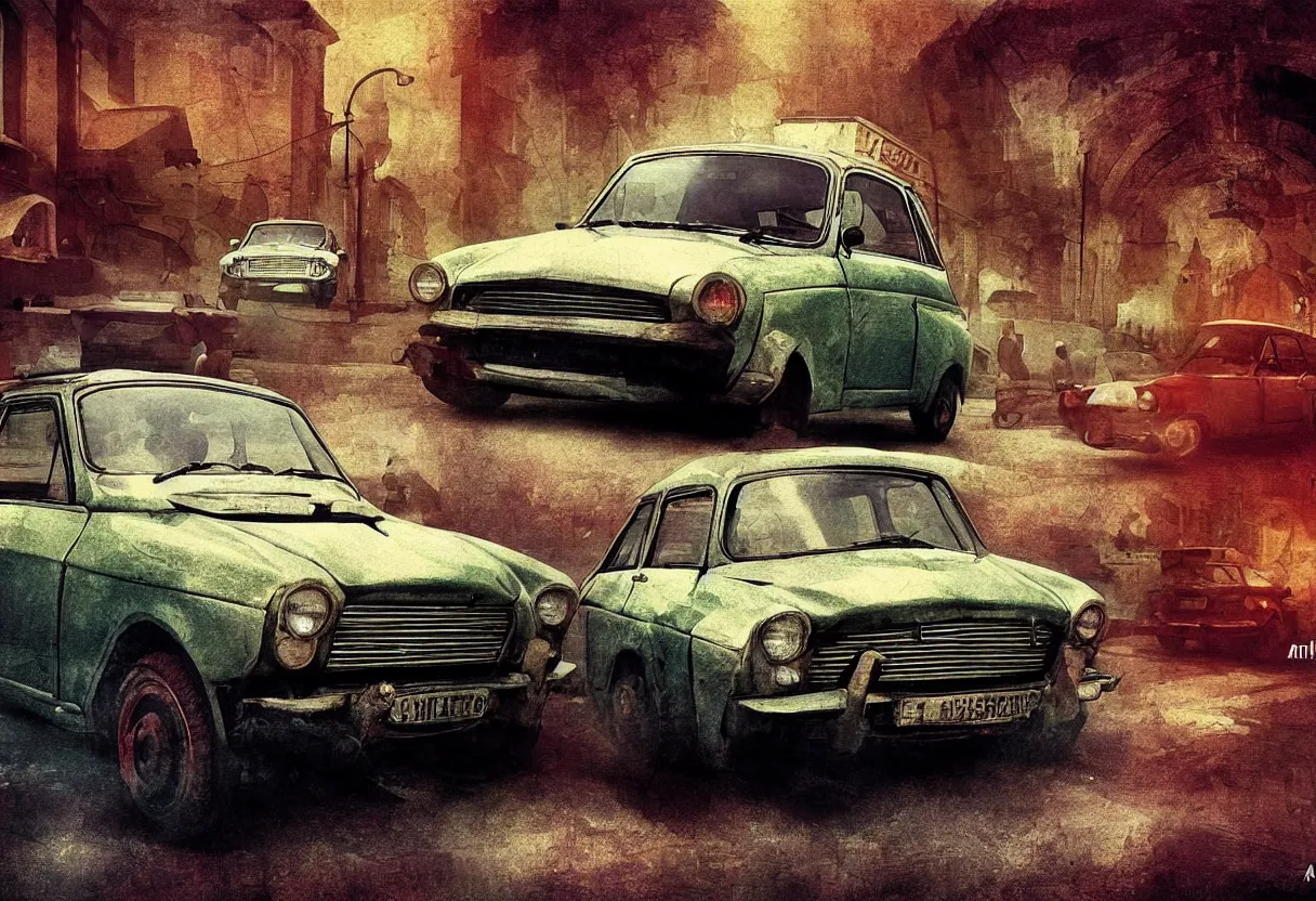 Prompt: old trabant as soviet times, aesthetic art, 8 k, high details, digital painting, concept art, matte painting, art by arstation and mimmo rottela, pixels art by paul robertson