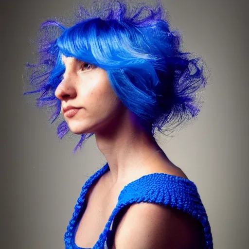 Image similar to A woman with blue hair wearing a crocheted crop-top, photorealistic portrait