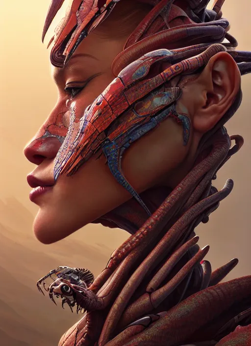 Image similar to asymmetrical!! portrait of an alien with parts of other aliens forming its face in the style of, machine face, intricate, elegant, highly detailed, digital painting, artstation, concept art, smooth, sharp focus, illustration, art by artgerm and greg rutkowski and alphonse mucha, horizon zero dawn 8 k