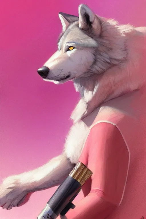 Image similar to portrait of realistic wolf wearing pink shirt, smoking cigarette, digital painting, artstation, concept art, smooth, sharp focus, illustration, art by artgerm, james jean, jean giraud, edward hopper, gaston bussiere and greg rutkowski