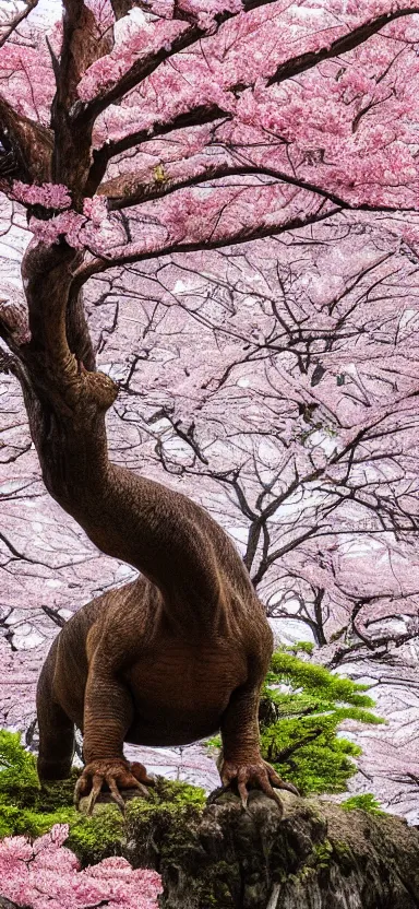 Image similar to “ a portrait photo of tyrannosaurus at a sakura tree, side shot, by shunji dodo, 8 k resolution, high quality ”