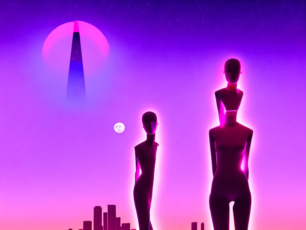 Image similar to beautiful mannequin sculpted out of amethyst by billelis + lit with 3 d geometric neon + facing a doorway opening with neon pink geometric fractal light + city of los angeles + moon in background!, rule of thirds, clean linework, dramatic, award winning, 4 k, trending on artstation, photorealistic, volumetric lighting, octane render