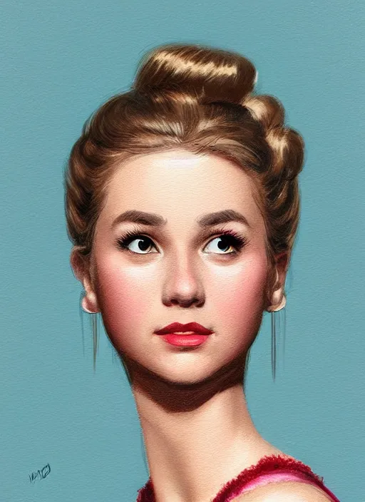 Image similar to portrait of betty cooper with fluffy bangs, bangs, 1 9 6 0 s, ponytail, curly bangs and ponytail, rounder face, intricate, elegant, glowing lights, highly detailed, digital painting, artstation, concept art, smooth, sharp focus, illustration, art by wlop, mars ravelo and greg rutkowski