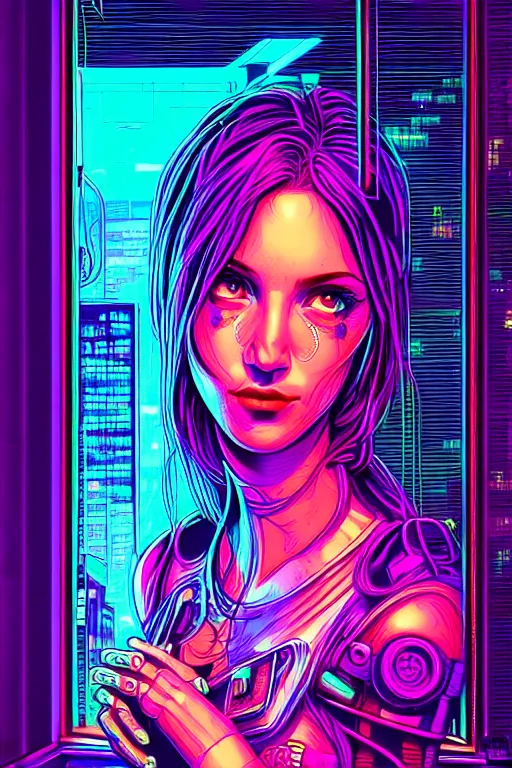 Image similar to dreamy cyberpunk girl portrait, neon wall on background, detailed acrylic, grunge, intricate complexity, by dan mumford and by jonathan solter