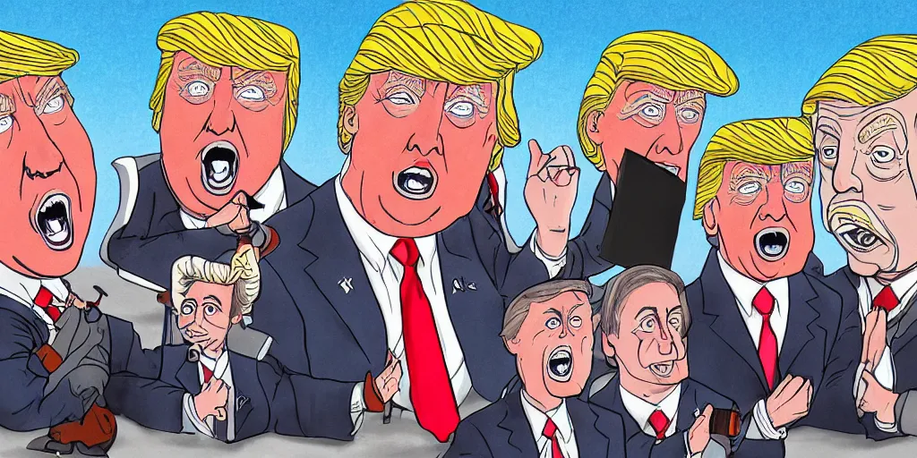 Prompt: donald trump as a malicious puppeteer controlling supreme court justices, full color digital illustration