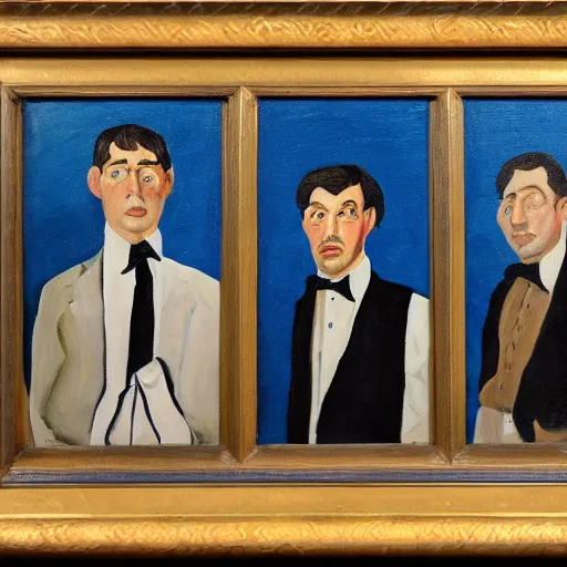 Image similar to painting of three John hamms , each in a different style