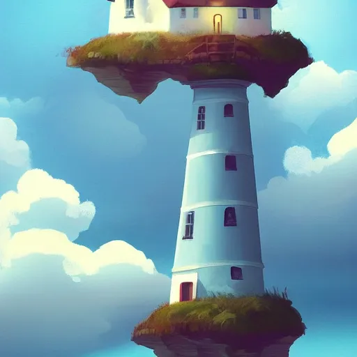 Image similar to beautiful cute cozy little lighthouse by the sea, puffy clouds, style of hayao miyazaki, digital art trending on artstation