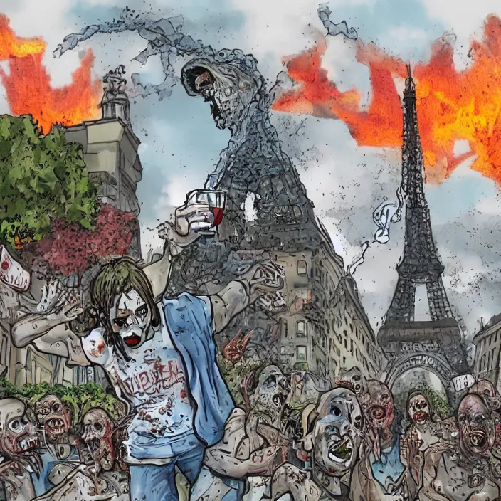 Image similar to zombie drinking water with eifel tower on fire photo realistic