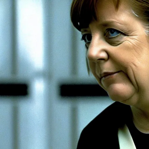 Image similar to angela merkel as neo, starring in the movie the matrix, 1999. Cinematic