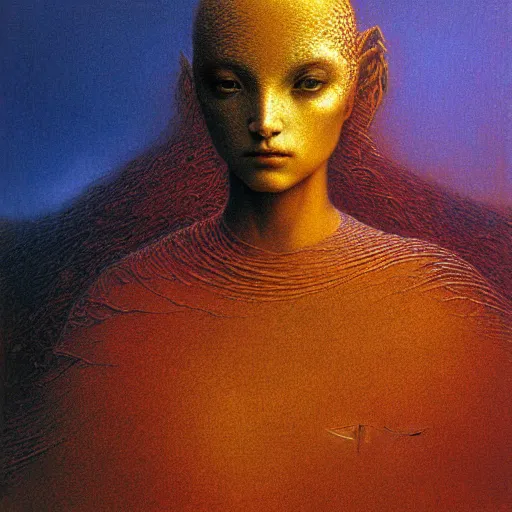 Image similar to portrait of ethereal young dragon princess in golden armour by Beksinski