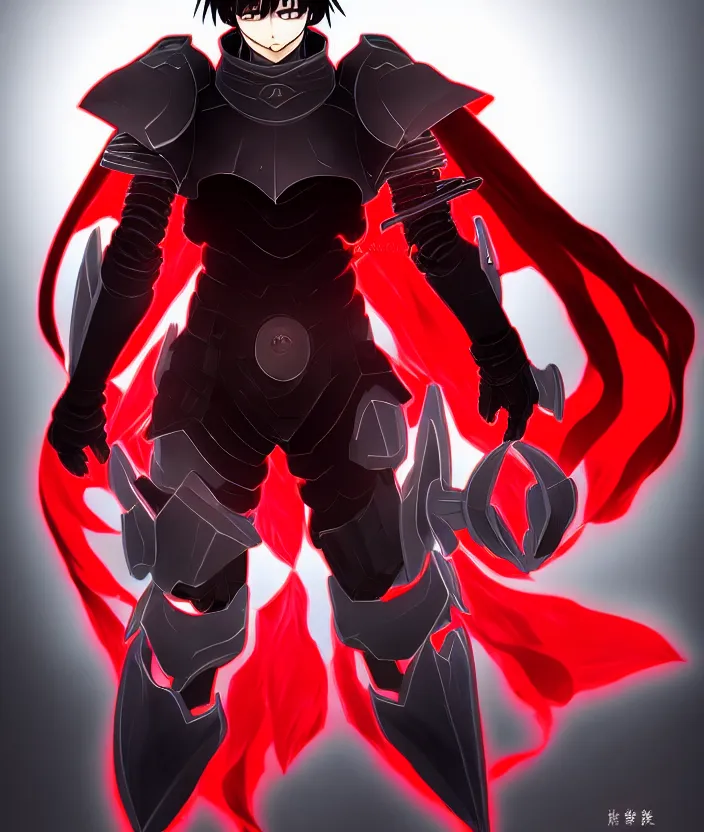 Image similar to a detailed manga illustration character full body portrait of a dark haired armoured cyborg anime man who has a red mechanical eye and is wearing a cape, trending on artstation, digital art, 4 k resolution, detailed, high quality, sharp focus, hq artwork, insane detail, concept art, character concept, character illustration, full body illustration, cinematic, dramatic lighting