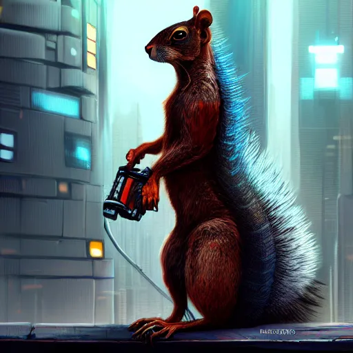 Image similar to a highly detailed long shot photo, cyberpunk giant rabid squirrel, intricate, digital painting, artstation, intricate, concept art, smooth, sharp focus