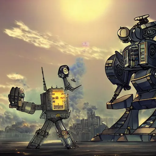 Image similar to a giant steampunk robot shooting at another giant steampunk robot, epic, intense, particles, studio ghibli, anime,