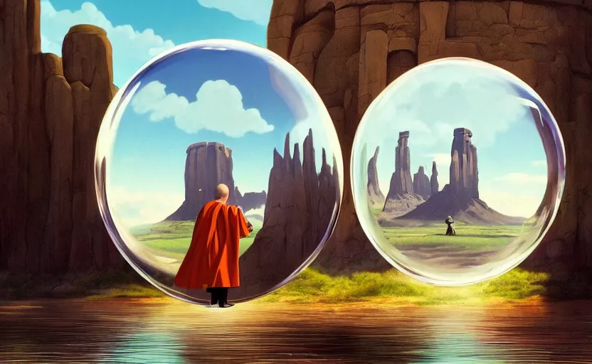 Image similar to a scary hyperrealist painting of a monk in a giant transparent bubble from howl's moving castle ( 2 0 0 4 ) in a flooded monument valley stonehenge jungle. depth perception, 4 k, artstation, in the style of studio ghibli