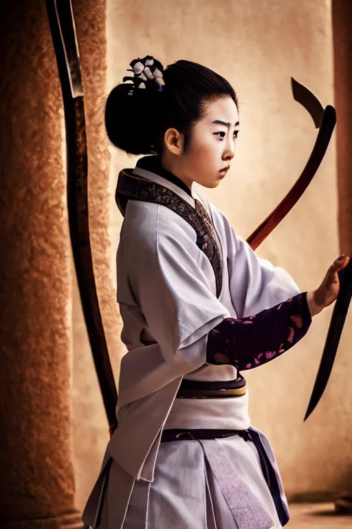 Image similar to highly detailed beautiful photo of a young female samurai, practising sword stances in a ancient temple, symmetrical face, beautiful eyes, realistic anime art style, 8 k, award winning photo, pastels, action photography, 1 / 1 2 5 shutter speed, dramatic lighting