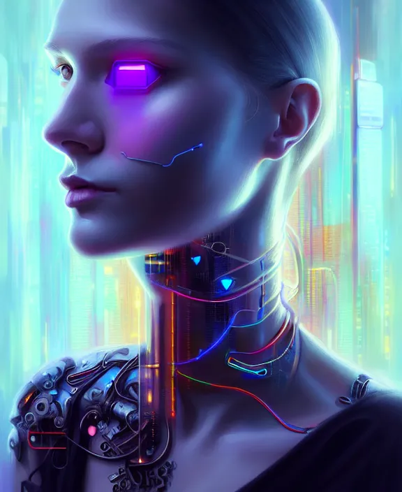 Image similar to a whirlwind inside the metaverse, man, hologram, half body, neurochip, shaved temple, piercing, jewelry, android, cyborg, cyberpunk face, by loish, d & d, fantasy, intricate, elegant, highly detailed, colorful, digital painting, artstation, concept art, art by artgerm and greg rutkowski and alphonse mucha