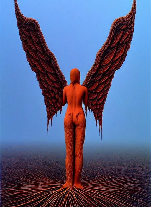 Image similar to angel with fully spread wings floating in the air surveying parched and burned forest, smoke and fire, highly intricate wings!, roots, art by zdislav beksinski!!, hdr!, rendered in unreal 5,