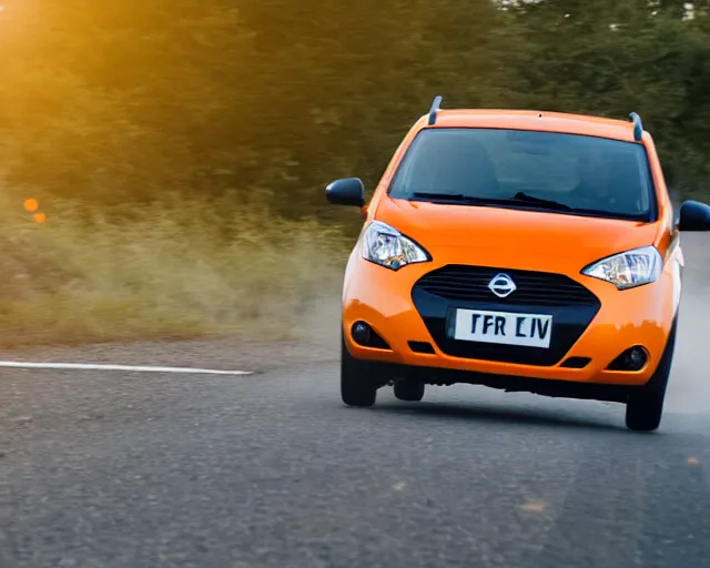 Image similar to border collie dog in the driver's seat of an orange nissan note, paws on wheel, car moving fast, rally driving photo, award winning photo, golden hour, front of car angle, extreme motion blur, 3 0 0 mm lens