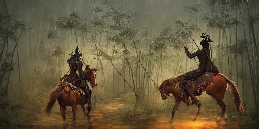 Prompt: ninja on horseback riding through a bamboo fortress, rain and lightning, by tom bagshaw, rococo, 8 k illustration, golden hour intricate, richly detailed, photorealistic imagery, artstation render inspired by alena aenami