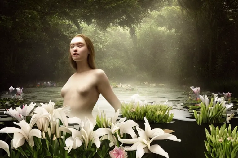 Image similar to cinematic 3 d portrait of a woman's porcelain head and shoulders floating in a pond, surrounded by a forrest of lillies, deep focus, intricate, elegant, highly detailed, matte, sharp focus, by bill henson and gregory crewdson and james jean