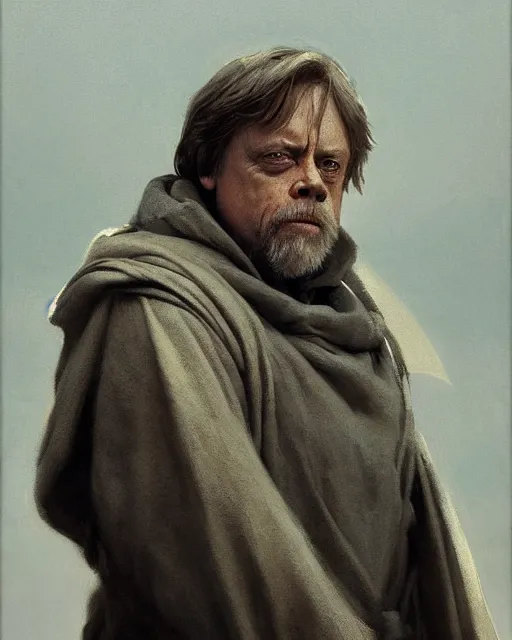 Image similar to mark hamill as a grizzled emanciated drunk jedi knight. fantasy science fiction art by greg rutkowski, gustave courbet, rosa bonheur, edward hopper. faithfully depicted facial expression, perfect anatomy, sharp focus, global illumination, radiant light, detailed and intricate environment, trending on artstation