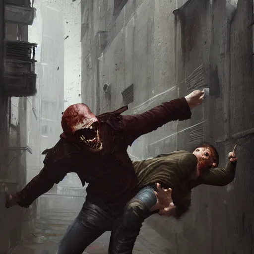 Prompt: original masterpiece artwork of 2 men choking each other during a fight in an alleyway by greg rutkowski and drew strewzan, horror, crime, hyperrealistic, octane render, exciting pose, dynamic lighting