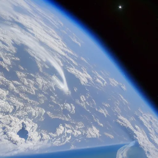 Image similar to photograph from the international space station window as planet earth splits in half following a large asteroid impact, fire explosions