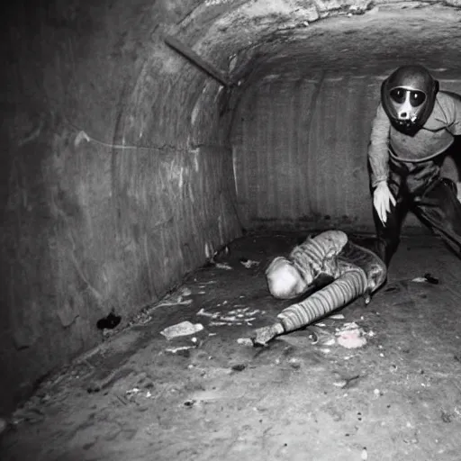 Image similar to madman in gasmask beats up mutants in soviet bunker