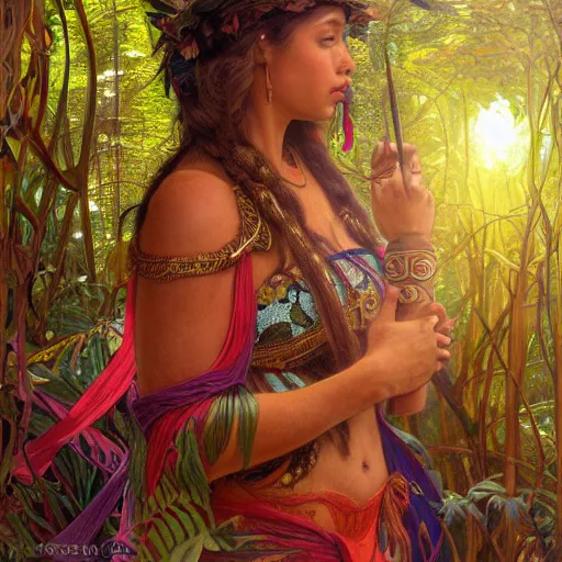 Image similar to portrait of a beautiful alluring female aztec queen in a dense jungle at sunset, detailed, centered, digital painting, artstation, concept art, donato giancola, Dante Gabriel Rossetti, alphonse mucha, Joseph Farquharson, Joseph Christian Leyendecker, WLOP, Boris Vallejo, Breathtaking, 8k resolution, extremely detailed, beautiful, establishing shot, artistic, hyperrealistic, beautiful face, octane render