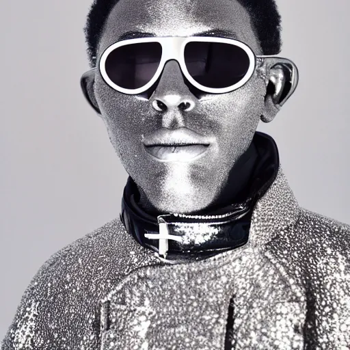 Prompt: photo, black man, silver metallic moncler jacket, silver reflective circular sunglasses, expired film